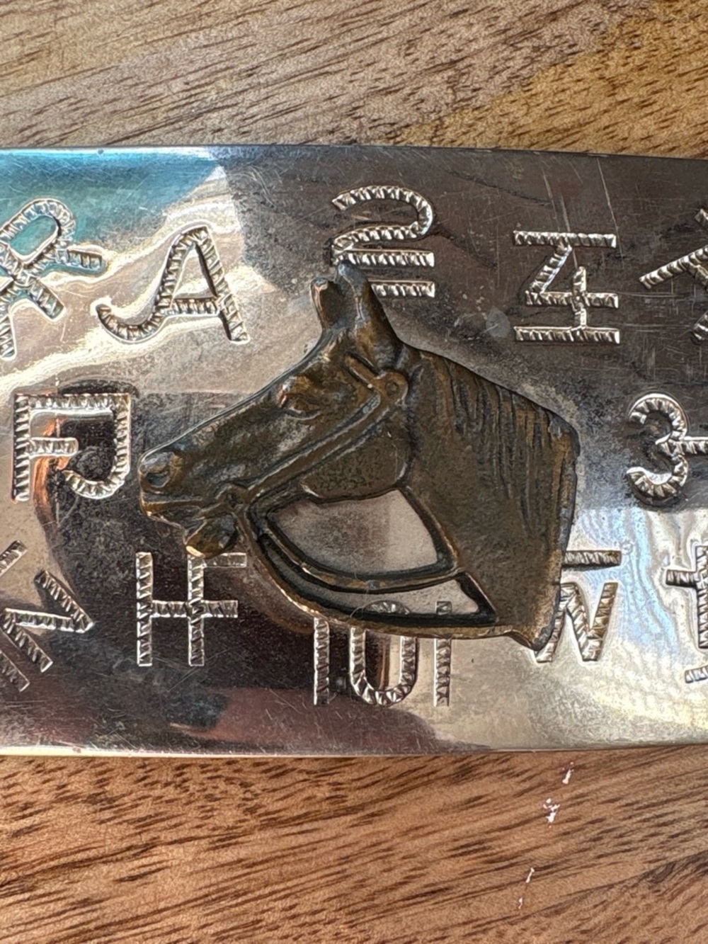 1970s Vintage Chambers Pewter and Copper Western Horse Belt Buckle